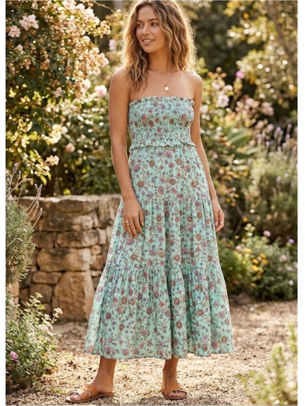 SEA NY Strapless Smocked Cotton Midi Dress Mint Green Floral Size medium